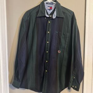 Vintage Tommy Hilfiger Green and Navy Striped Button Down Shirt
